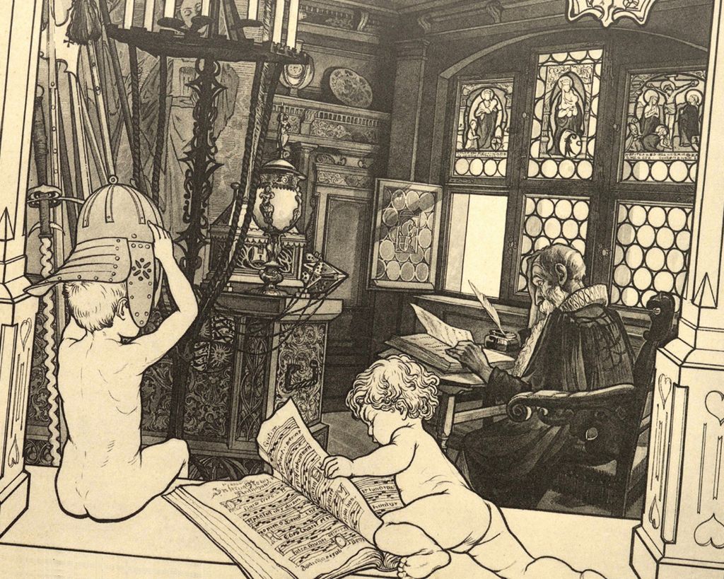 Un enfant porte un casque de chevalier tandis qu'un autre étudie un parchemin près d'un érudit