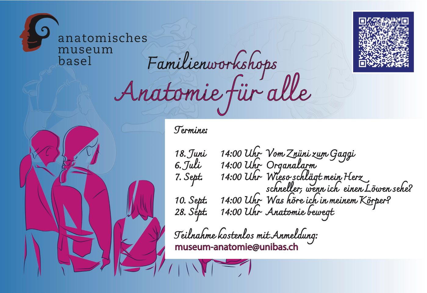 Auf einem blauen Hintergrund sind vier rosa skizzierte Menschen links und eine Liste rechts zu sehen