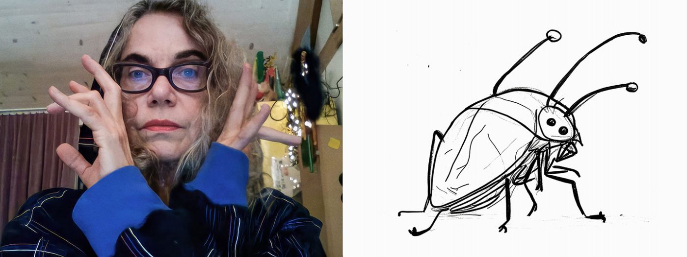 Eine Person mit Brille formt die Hände vor dem Gesicht, daneben eine einfache Kakerlakenzeichnung