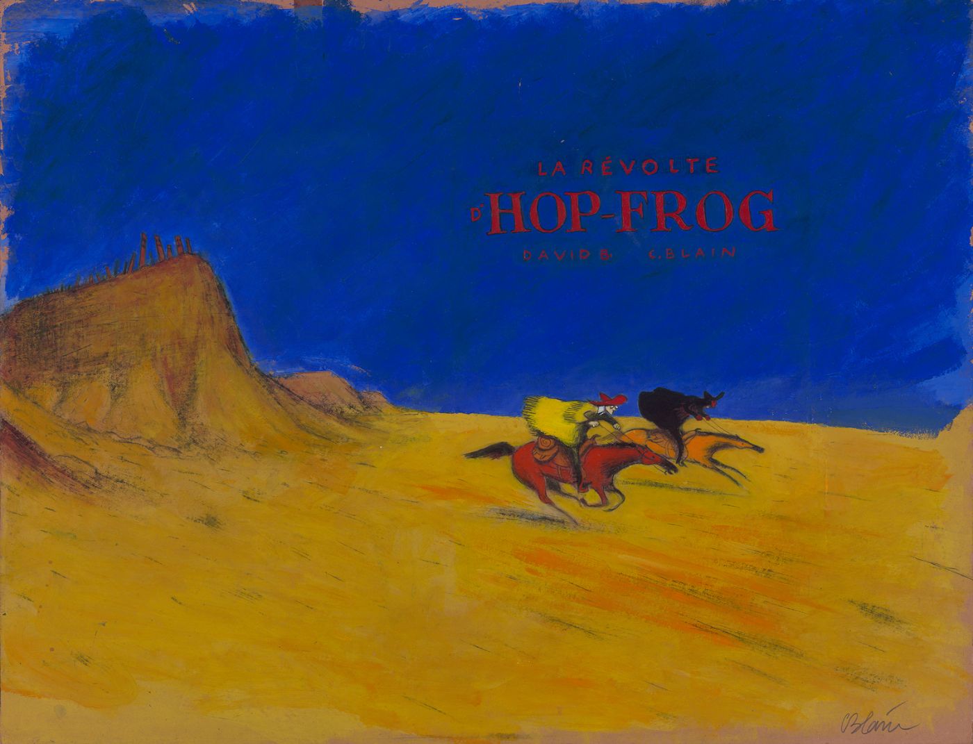 Zwei Reiter jagen über eine weite, gelbe Wüstenlandschaft vor einem tiefblauen Himmel