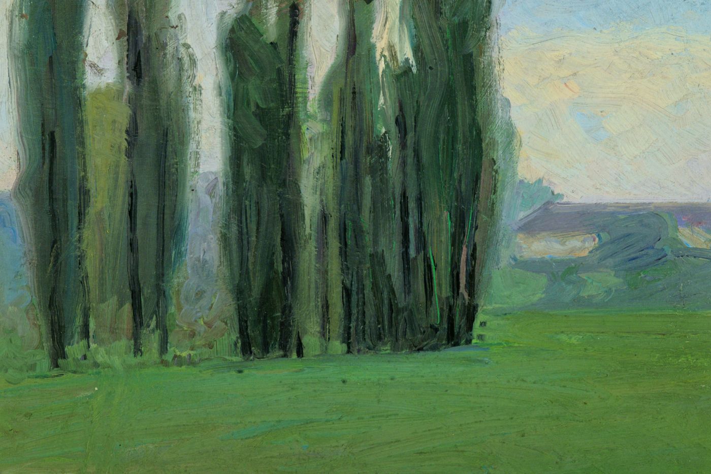 Tall poplars stand on a green meadow under a cloudy sky in a painting