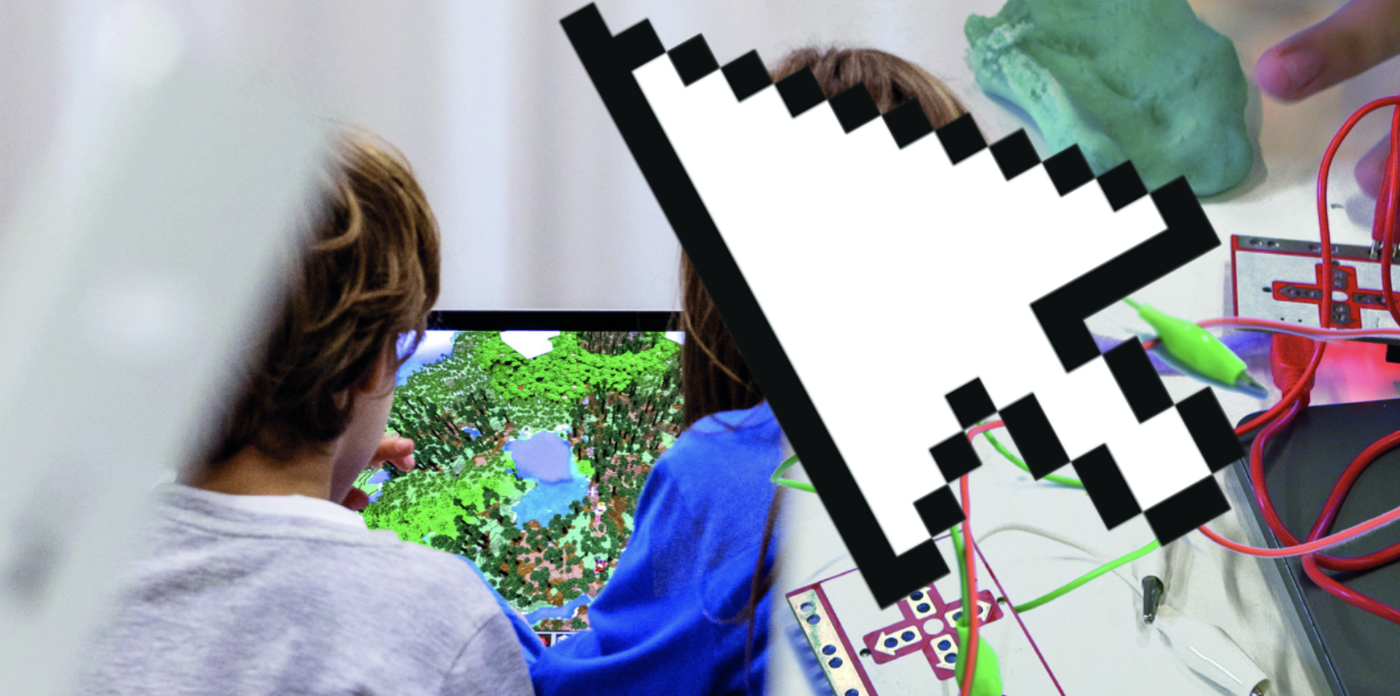 Children view a computer simulation together on a monitor.