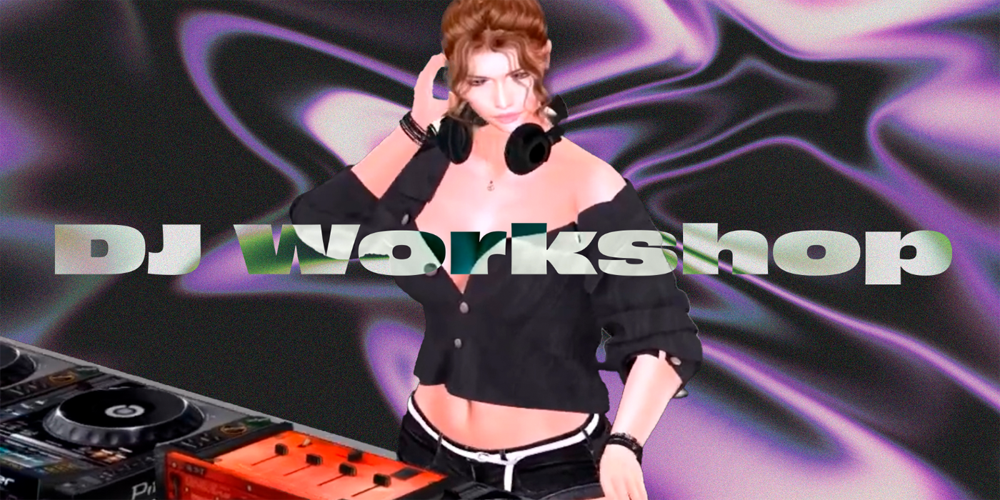 Frau mit Kopfhörern und Schriftzug "DJ Workshop" vor abstraktem Hintergrund.