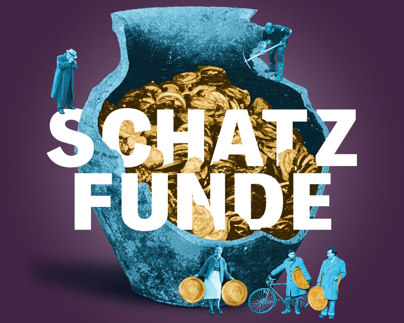 Auf dem Bild steht ein grosser Keramiktopf voller Goldmünzen, umgeben von kleinen Figuren