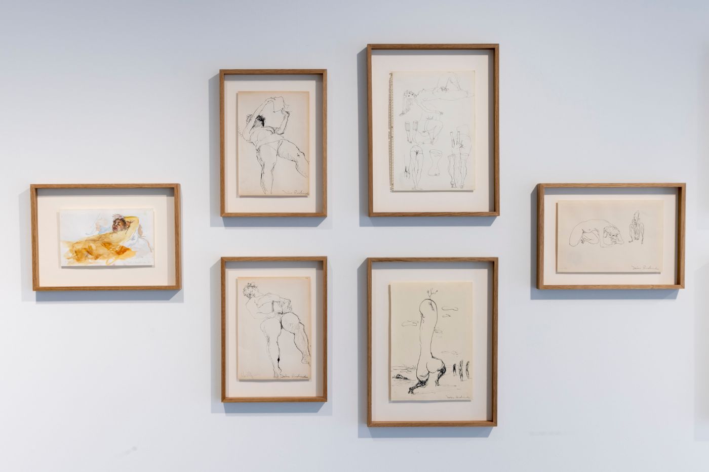Sechs gerahmte Skizzen zeigen nackte Figuren und abstrakte Formen auf weisser Wand