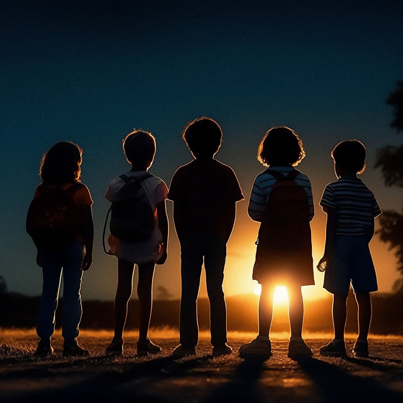 Fünf Kinder mit Rucksäcken stehen in der Dämmerung vor einem strahlenden Sonnenuntergang