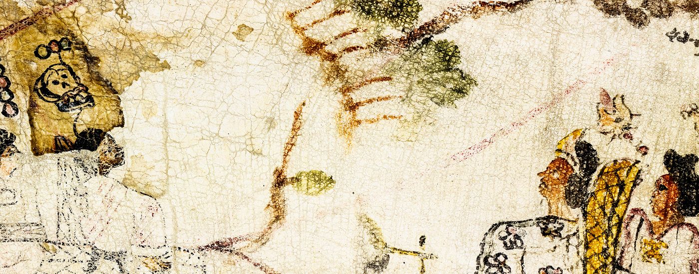 Auf das Lederstück sind farbige Figuren gemalt rechts unten Links oben ist ein Totenschädel zu sehen Es ist eine Art Stammbaum mit topographischen Angaben