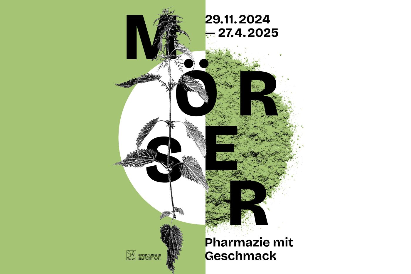 Grafik zur Sonderausstellung "Mörser. Pharmazie mit Geschmack", Getrocknete Pflanze mit Blüte und Blättern, Daneben die Pflanze pulverisiert oder gemörsert