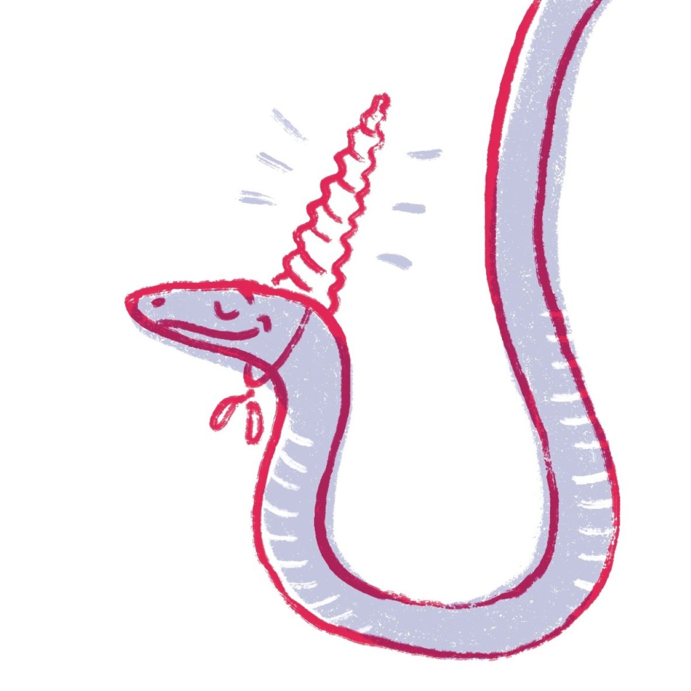 Eine kindlich illustrierte Schlange, die sich als Einhorn verkleidet, indem sie ein Horn wie einen Partyhut aufsetzt