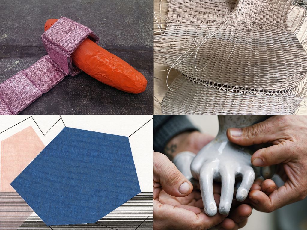 Ein oranger Zylinder in Stoff wickelt auf rauem Boden, daneben geflochtenes Kabelkunstwerk