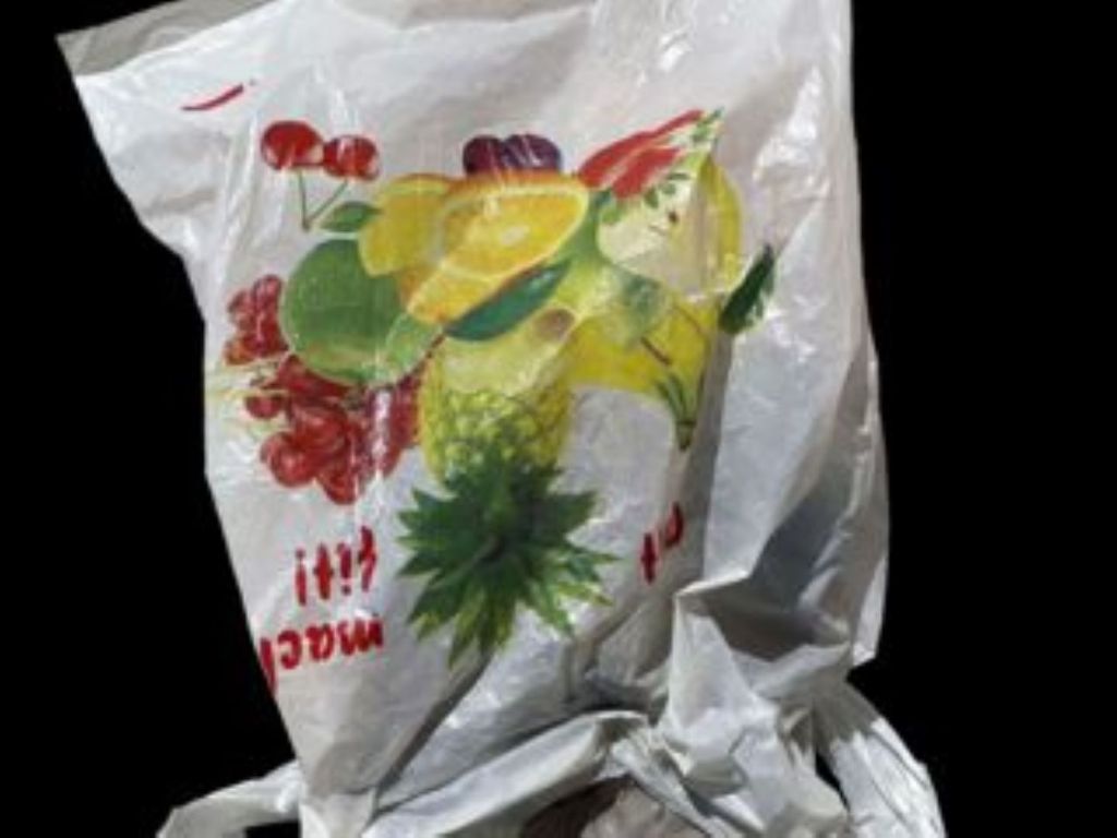 Ein gelbes, fröhliches Schaf mit Blumenkrone steht vor einer Wand mit düsteren Wörtern
